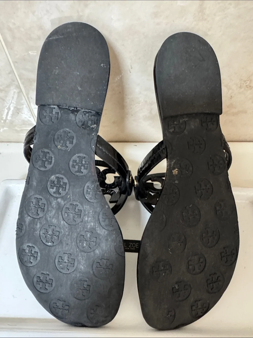Tory Burch Black Patent Logo Thong Sandals with Gold Stud
